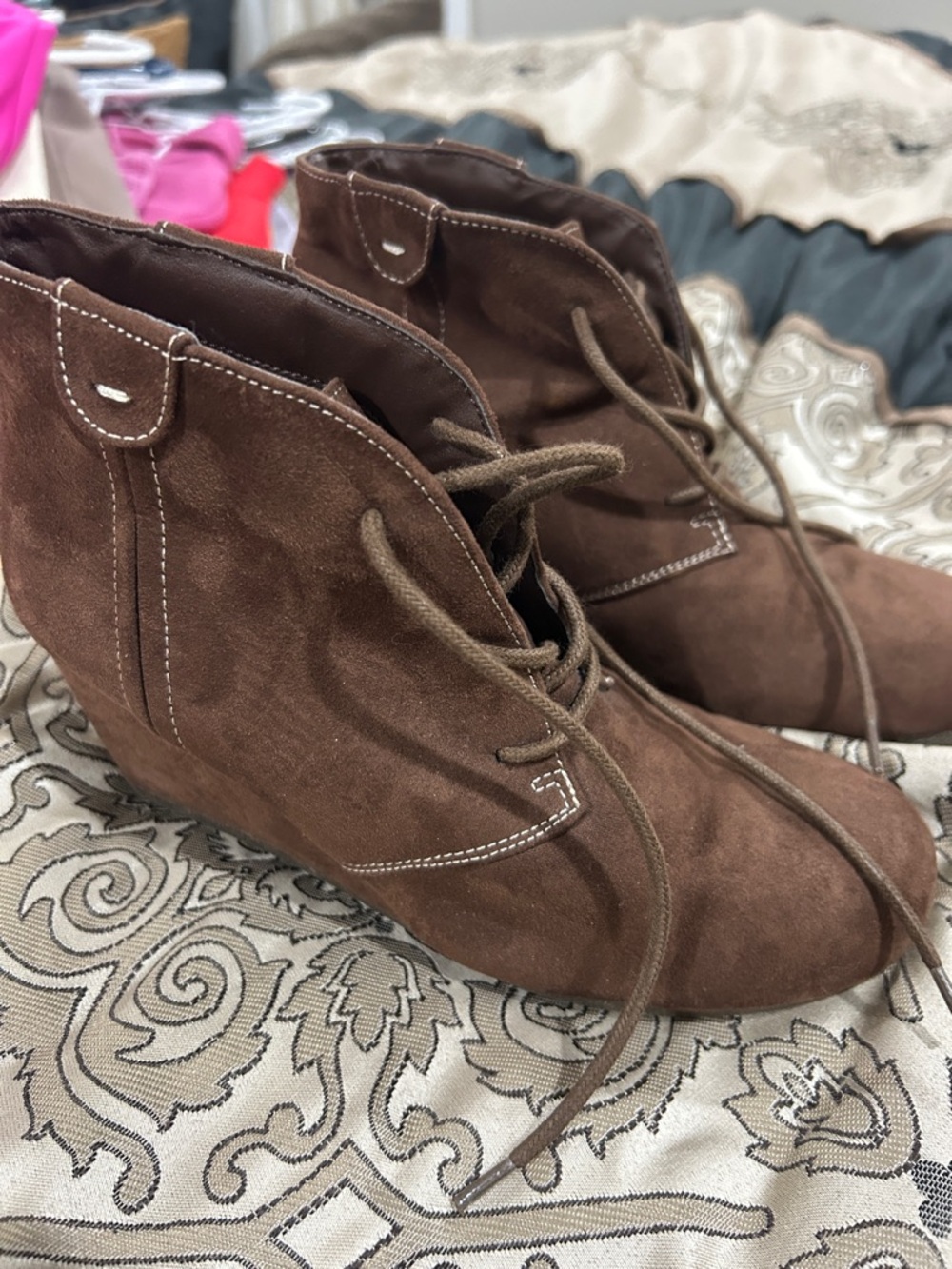 Marbella Brown Suede Lace-Up Wedge Ankle Boots - Women's